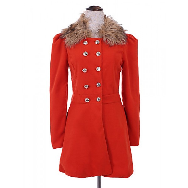 Women's Vintage Coat,Solid Shirt Collar Long Sleeve Winter Red / Black / Orange Wool / Others Thick