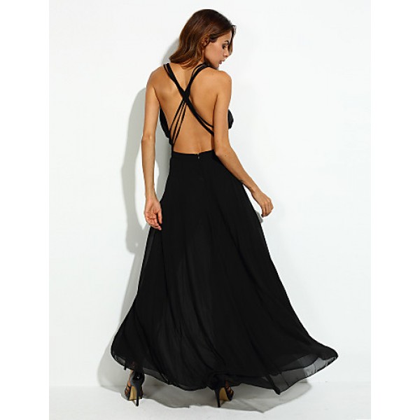 Women's Party/Cocktail Sexy Loose Dress,Solid V Neck Maxi Sleeveless Black Polyester Summer