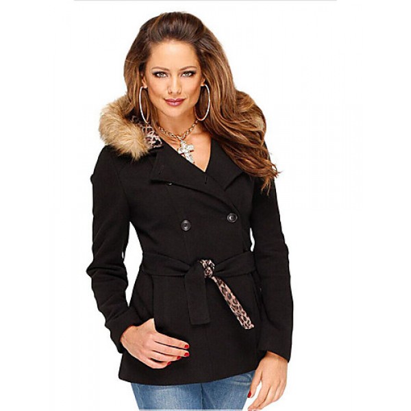 Women's Casual/Daily Vintage Coat,Solid Hooded Long Sleeve Winter Black Rayon Opaque