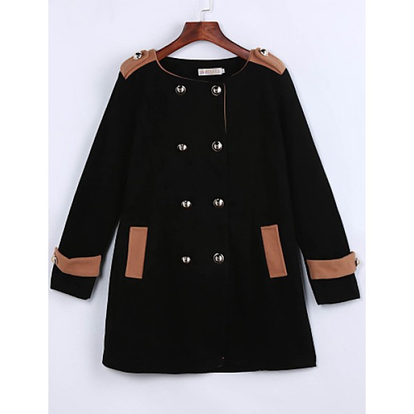 Women's Going out Street chic Coat,Color Block Round Neck Long Sleeve Winter Black / Brown Polyester Thick