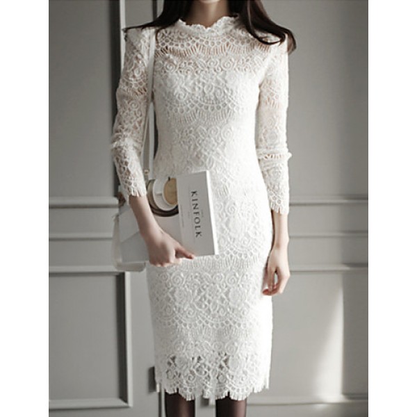 Women's Going out / Work Sophisticated Sheath / Lace / Black and White Dress,Solid Stand Knee-length Long Sleeve White / BlackCotton /