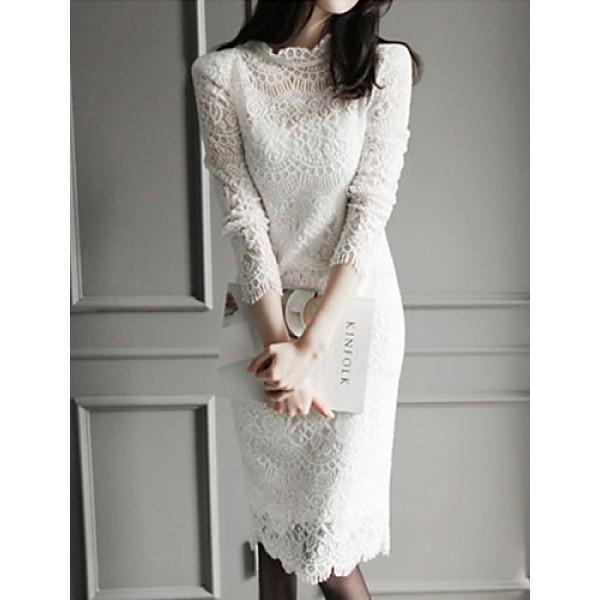 Women's Going out / Work Sophisticated Sheath / Lace / Black and White Dress,Solid Stand Knee-length Long Sleeve White / BlackCotton /