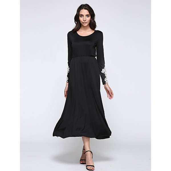 Women's Casual/Daily Simple Little Black / Swing Dress,Patchwork Round Neck Maxi Long Sleeve Black Polyester / Spandex Spring Mid Rise