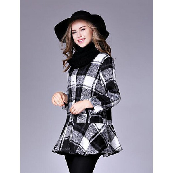 Women's Casual/Daily Street chic CoatPlaid Round Neck Long Sleeve Fall / Winter Red / Black / Green Wool Medium